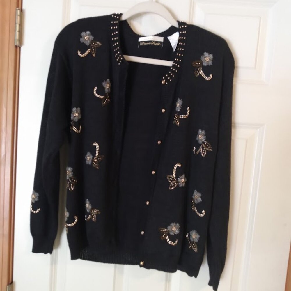 Dana Scott: Beaded black cardigan sweater. Size medium.